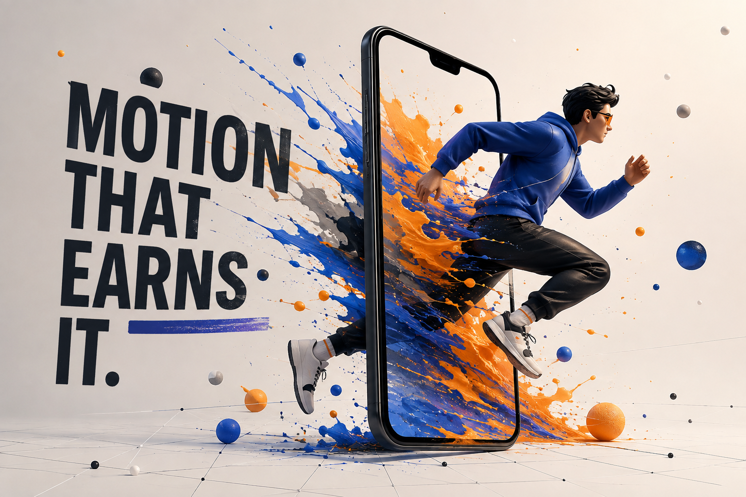 A figure leaping out of a phone screen through a burst of blue and orange paint, against the words MOTION THAT EARNS IT