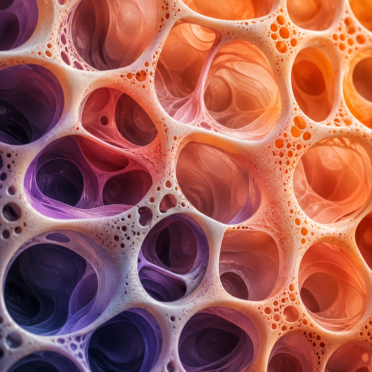 Generated study — a honeycomb lattice of overlapping cells, shading from deep violet through coral into orange